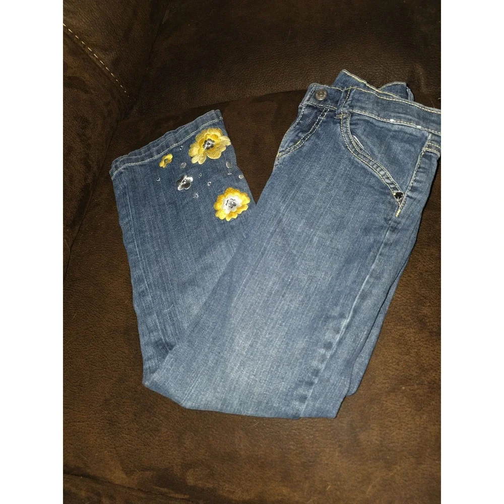 Gymboree bright owl denim jeans size 9 yellow flowers